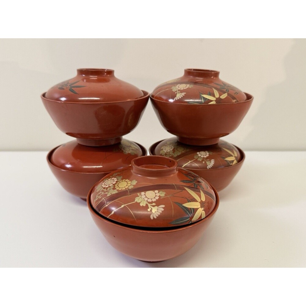 Vintage Japanese Lacquerware Lidded Bowls Set of 5 Red Bamboo Made Japan